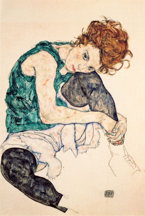 نقاشی زنی نشسته زانوی خود را در برگرفته سر بر آن دارد. از ایگون شیله.